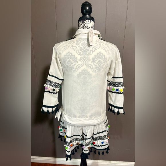 DODO BAR OR Delilah White and Black Embroidered Romper with Colorful Pom Pom - Picture 4 of 9